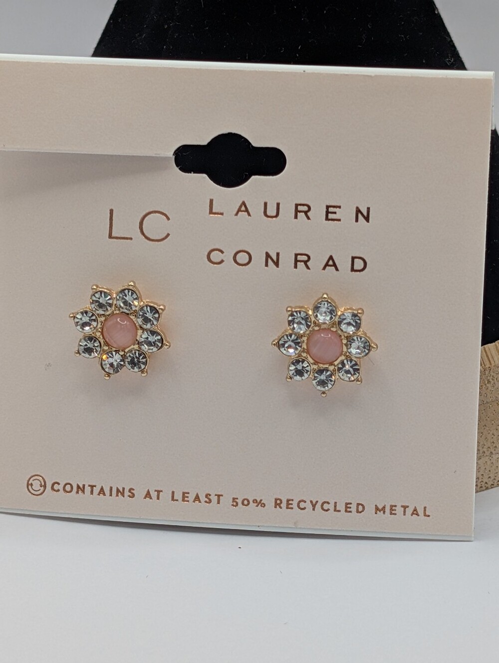 LC Lauren Conrad Pink and Gold Floral Rhinestone Stud Earrings
